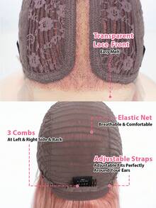 QVR QUEEN VIRGIN REMY Tóc giả bobo ren phía trước kiểu T-part 100% tóc thật, có tóc con, tóc Remy nguyên chất, tóc giả ren rẽ ngôi giữa, đường chân tóc tự nhiên, màu hồng không cần keo dán, dành cho nữ. - Hồng - Xem 5