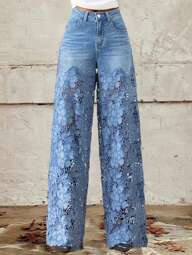 GLOURI French Elegant Denim Contrast Guipure Lace Jeans - High Waist Straight Leg Trousers With Medium Vintage Wash Non-Stretch For Daily Chic & Weekend Style