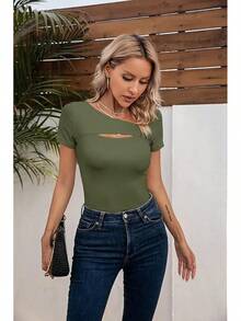 Womens Fashion Fall Cutout Long Sleeve Ribbed Slim Fitted Tops Shirts Tee Tshirts - Short-green - View 8