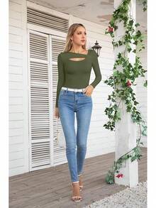 Womens Fashion Fall Cutout Long Sleeve Ribbed Slim Fitted Tops Shirts Tee Tshirts - Xanh dài - Xem 6