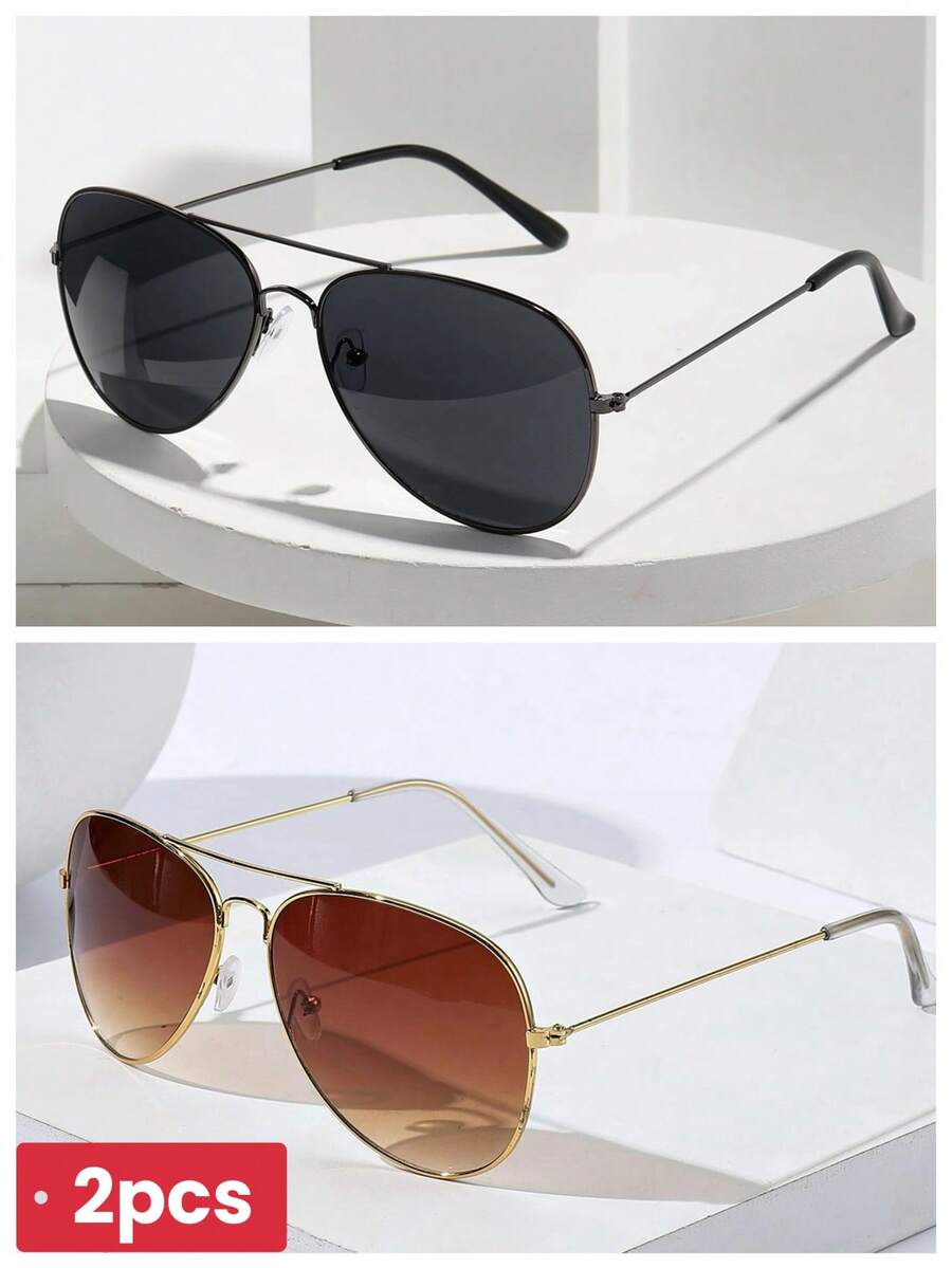 2 Pcs Men's Retro Metal Double Bridge Pilot Sunglasses, 90s Western Style, Suitable For Commuting, Vacation, Outdoor, All Season, Fashion Eyewear For Coachella, Concerts, Country, Summer Festivals, Hardrock, Rap, Rave, Music Festivals, Beach Festivals, Lightshows, For Sunny Day, Vacation, Outdoor Travel - 1*深灰框/全灰+1*金框/漸層茶(不含盒子) - 查看 1