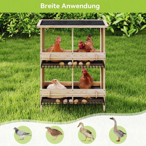Gallinero de dos pisos de madera maciza – 4 nidos con perchas y suelo aislante – ponedero para gallinas – Nido de madera resistente a la intemperie – 70*38*92 cm – color natural