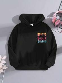 1PC Teen Girl Beach Vacation Gradient Print Sweatshirt, Soft Skin - Friendly, Daily Casual Spring & Autumn Wear - Black - View 2