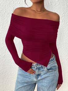 Women's Long Sleeve Shirts Off Shoulder Tops Going Out Slim Fitted Y2K Blouses Fall Fashion Clothes - Màu Đỏ Sâu - Xem 5