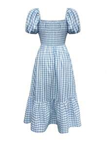 女士格子优雅波西米亚休闲荷叶边褶皱下摆蓝白连衣裙，适合新年、度假、夏季、情人节、生日、派对、节日穿着 - 藍白色 - 查看 6