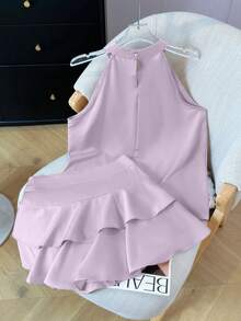 2 件套女式夏季露背无袖背心和荷叶边下摆裙子套装，优雅套装 - 紫色兩件套 - 查看 7