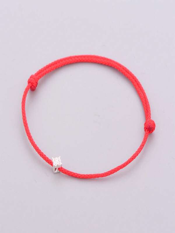 HuooNew Un sencillo brazalete ajustable de plata de ley 925, con forma redonda, incrustado con circonita, trenzado con cuerda roja, adecuado para uso diario, joyería de plata, joyería para mujeres, regalo