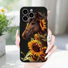 Horse And Sunflower Design Phone Case, Decorative Phone Cover, Phone 11 12 13 14 15 Pro Max Series Phone Accessories - Black - View 4