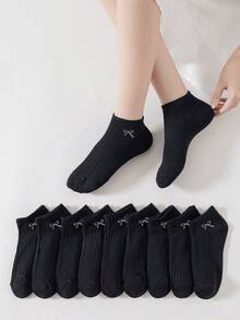 10双黑色蝴蝶结袜子，简约优雅的日式小丑休闲风格，舒适透气，适合运动穿着 - 黑色 - 查看 3