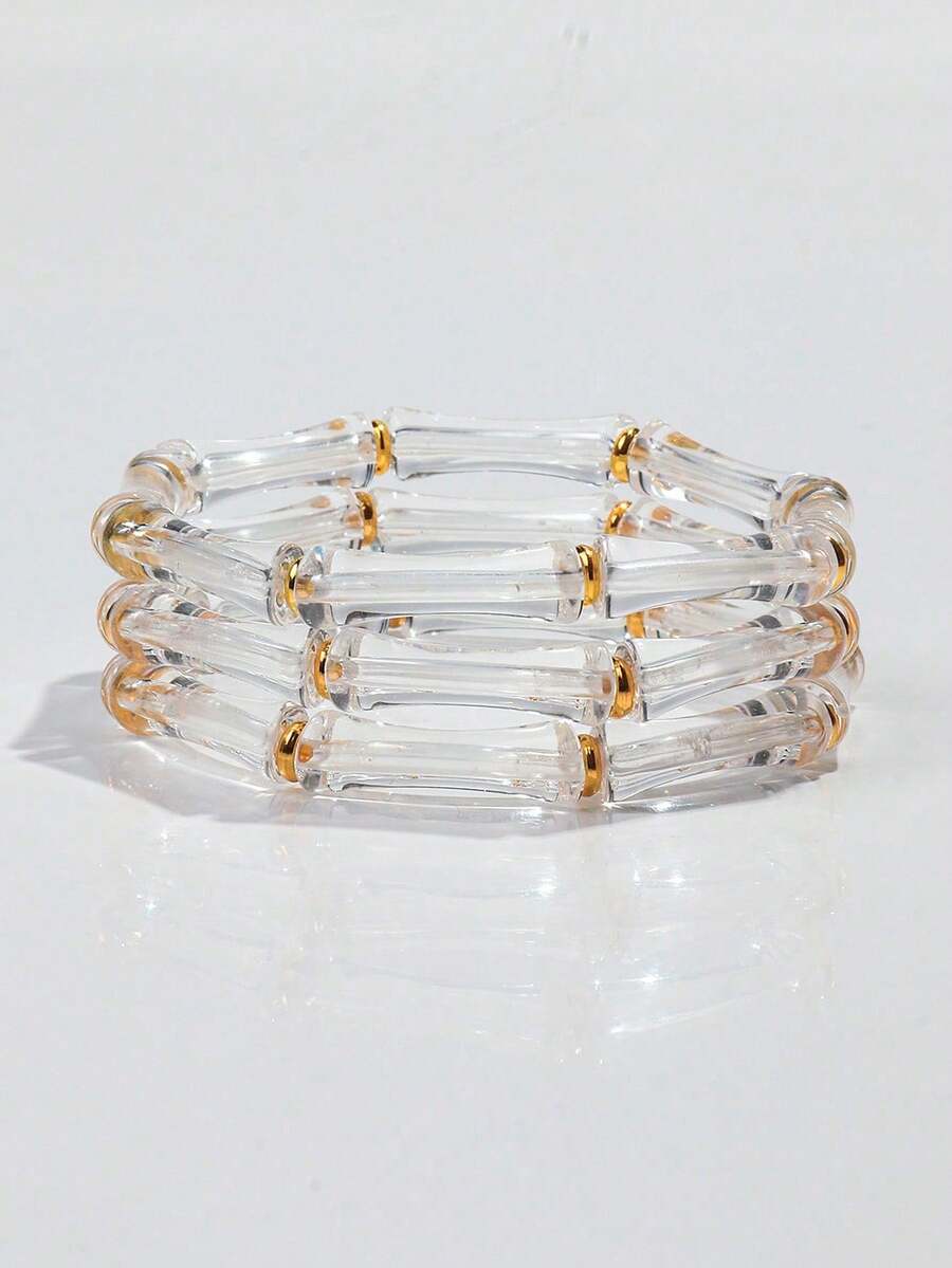 3件套亚克力大理石纹深绿色竹结叠戴手镯，适合女士日常佩戴 - 竹節水滴 - 查看 1