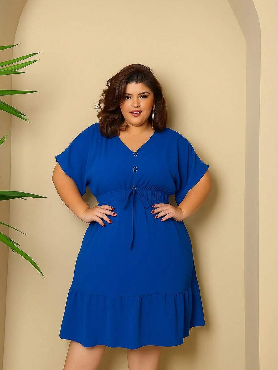 Batwing Dress Plus Size Midi Short Sleeve Duna Fabric Size U/G1 From 44 To 50 With Front Buttons Fashion Elegant Simple Casual Elegant Party Ruffle Hem Buttons On The Front Knot Wedding - 寶藍色 - 查看 1