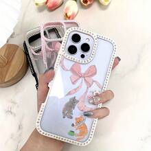Funda para teléfono 1 unidad, lazo rosa, lindos gatos, brillante, doble cara | Funda brillante 11/12/13/14/15/16 - Rosa - Ver 4