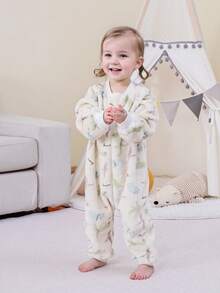 婴儿幼儿四季通用法兰绒分腿睡袋，蓬松柔软的恐龙印花长袖连体睡袋，适合0-3岁宝宝。