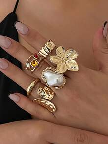 6pcs/Set Punk Style Rings Set, Vintage Geometric Rings Set For Women, Fashion Personalized Jewelry Gift, Suitable For Daily Outfit And Party Accessories - Gold - View 2