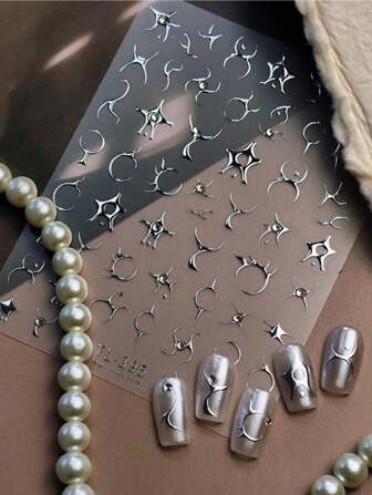 1 feuille Autocollants d'ongles 3D Chrome Argent, Décalcomanies d'étoiles gothiques Y2K abstraites et d'épines, Décoration d'art pour les ongles autoadhésive métallique punk pour manucure DIY
