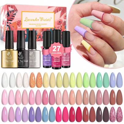 Set de regalo compuesto por 27 colores de macarrones en tonos rosas y púrpura, talla grande 3 botellas de base y top coat para uñas, para decoración de uñas de boda, maniciura en casa, salón o diseño de arte de uñas DIY para mujeres y niñas en vacaciones