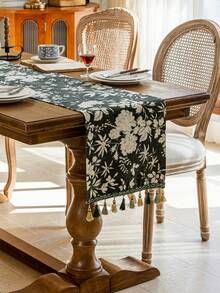 1 pieza Tapete de mesa con bordado floral de estilo retro francés de lujo con flecos, color verde, apto para vacaciones, reuniones, fiestas, bodas, decoración del hogar, todas las estaciones. - Verde Oscuro - Ver 3