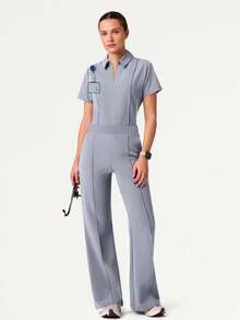 Women's V-Neck Short Sleeve Multi-Pocket Elastic Pants Scrubs, Nurse Scrubs Workwear, Dentist Healthcare Pet Hospital Laboratory Uniform Set - Light Grey - View 1