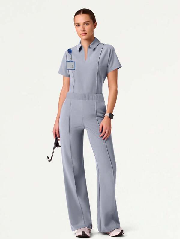 Women's V-Neck Short Sleeve Multi-Pocket Elastic Pants Scrubs, Nurse Scrubs Workwear, Dentist Healthcare Pet Hospital Laboratory Uniform Set