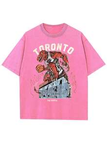 Ash-Vintage Washed Oversized-Drapey Toronto Raptors Dino-Basketball Tee - Retro-Sport Street-Hardcore Vibe - 粉色 - 查看 1