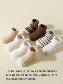 8pairs Solid & Striped Crew Socks For Infant, Daily Wear