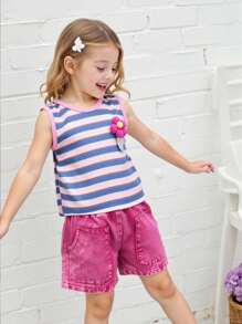 Set de 2 piezas con Top sin mangas de cuello redondo con rayas y flores + pantalones cortos de mezclilla de estilo sencillo para niña