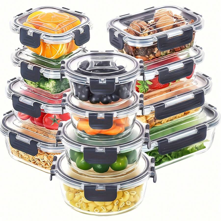 24pcs (12 Lids 12 Containers) Glass Food Storage Containers, With Lids, Ideal For Meal Prep, Kitchen Storage, Lunch Use, Leak Proof, Sealed Glass Lunch Box, Suitable For Microwave, Oven, Fridge And Dishwasher, Local Warehouse - Hộp đen 24 chiếc (12 hộp + 12 nắp) - Xem 1
