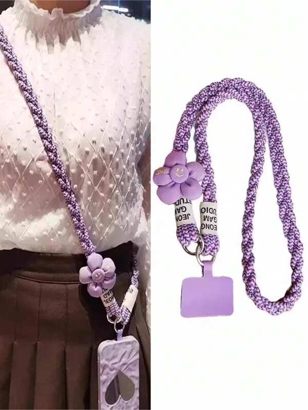 1pc Flower Braided Phone Lanyard Strap, Long Detachable Shoulder Strap For Outdoor Use, Sturdy Anti-Lost Strap With Bead Decoration, Comes With Pad
