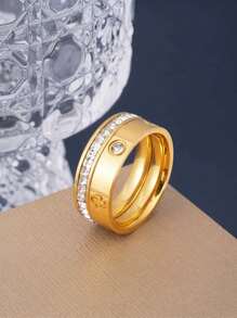 2 Peças Conjunto Anel de Banda com Cristal de Trevo de Quatro Folhas mais Anel Pavê, Joias de Aço Inoxidável Banhadas a Ouro 18K, Adequadas para Uso Diário de Mulheres, Lançamento Novo de 2025