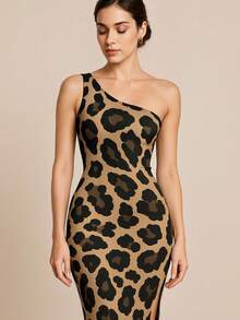 One Shoulder Animal Print Dress - Black - View 1