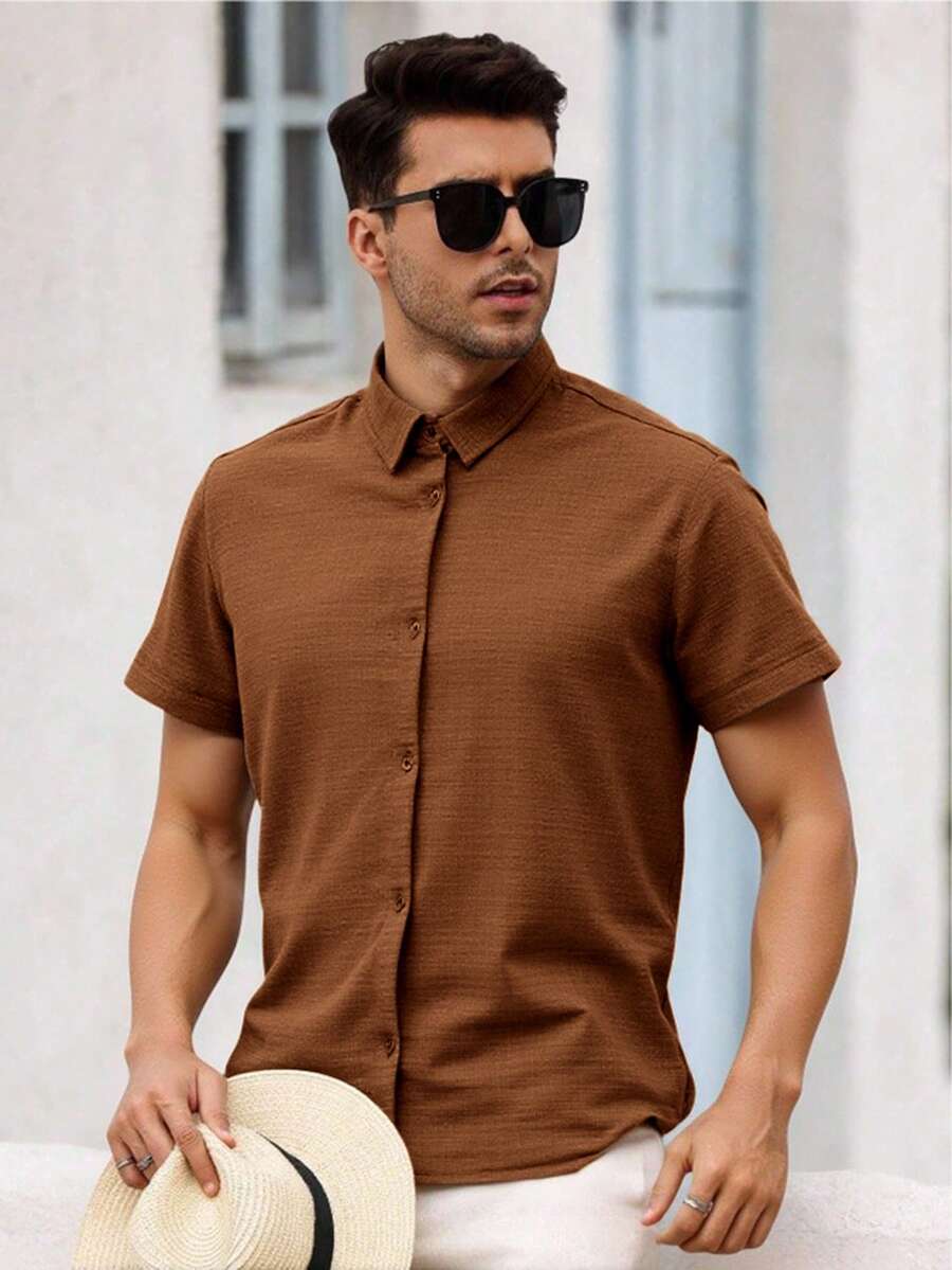 Camisa Casual Hombre de Manga Corta Estilo Resort - Look Fresco y Moderno para Verano - Camel - Ver 1