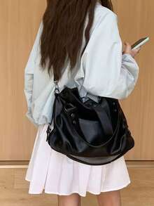 (8972)Rivet Detail Shoulder Bag, Vintage PU Crossbody Bag, Large Capacity Handbag - 黑色 - 查看 6