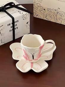 1 套手工 3D 蝴蝶与玫瑰陶瓷杯碟，法式蝴蝶玫瑰拿铁杯碟，复古下午茶甜品杯碟，适用于餐厅、客厅、咖啡厅、礼物 - 彩色 - 查看 3