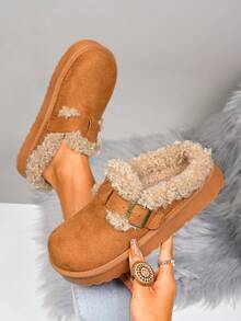 Botas de nieve gruesas y cálidas para mujer en otoño/invierno, Pantuflas cómodas y de moda casual con puntera cerrada/hebilla para mujer, Pantuflas cálidas para interiores