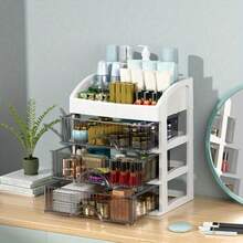 Transparente Kunststoff Mehretagenaufbewahrungsbox - Parfüm, Pflegeprodukte, Make-up Pinsel und Bad-Utensilien Desktop Aufbewahrungsbox, staubdicht Schminktisch und Schreibtisch Organizer, modernes ästhetisches Design, einfacher Stil, stabiles Material
