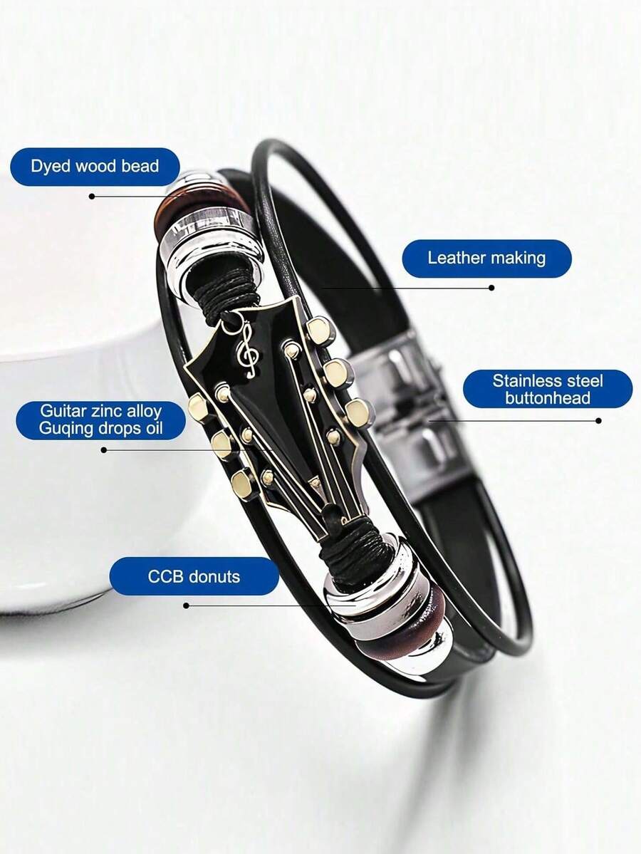 1pc Vintage Faux Leather Guitar Bracelet, Alloy Rock Music Guitar Bracelet For Men, Punk Style - Star - View 1
