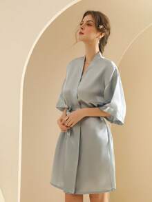 Women's Silk Nightgown Wedding Dressing Robe Lightweight Cardigan Robe Bridal Morning Robe Friend's Robe, Suitable For Home And Hotel Wear. - Light Grey - View 6