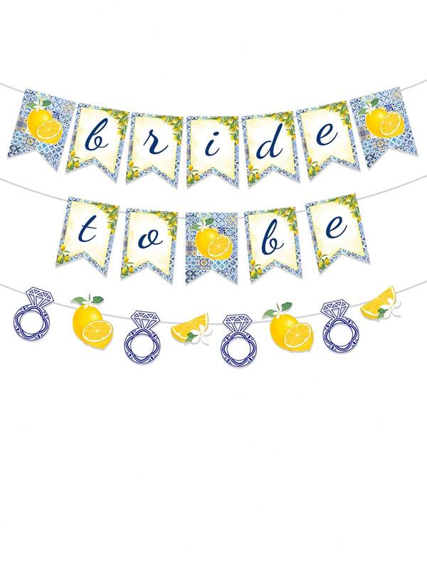 3pcs, Blue And White Lemon Wedding Flag - Traditional Paper, Wedding Party Decoration, Bride's Farewell Party, Lemon, Diamond Ring Elements, Fresh And Romantic