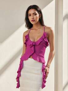 Women Halter Top, Tie-Up Sleeveless Tops Backless Ruffled Solid Summer Vest For Club Party - 玫紅色 - 查看 3