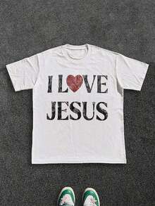 Mens T-Shirt 100% Cotton I Love Jesus Distressed Graphic Print Perfect For Christian Men Daily Wear Is An Ideal Gift Choice. - trắng - Xem 1