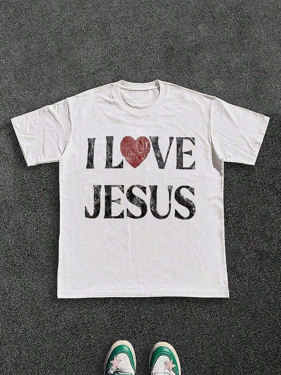 Mens T-Shirt 100% Cotton I Love Jesus Distressed Graphic Print Perfect For Christian Men Daily Wear Is An Ideal Gift Choice. - trắng - Xem 1