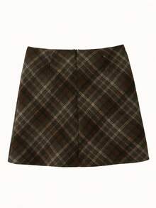 女式撞色格子高腰A字迷你裙 - 咖啡棕 - 查看 4