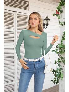 Womens Fashion Fall Cutout Long Sleeve Ribbed Slim Fitted Tops Shirts Tee Tshirts - Long-moss Green - View 4