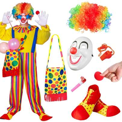 8 件套成人小丑服装套装小丑服、假发、鼻子、面具、小丑包、鞋子、马戏团道具嘉年华角色扮演服装配饰马戏团派对角色扮演适合搞笑可爱小丑