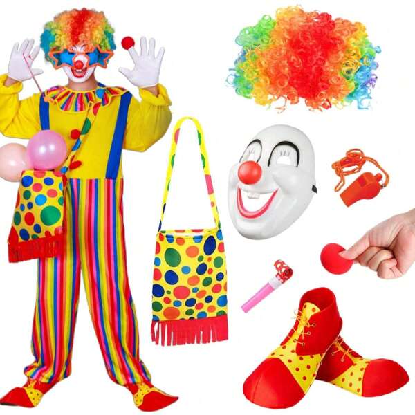 8 piezas/set Traje de disfraz de payaso adulto Trajes de disfraces, peluca, nariz, máscara, bolso de camuflaje, zapatos, accesorios de circo Accesorios de vestuario de carnaval para fiesta de Circo Juego de roles para payaso gracioso y lindo