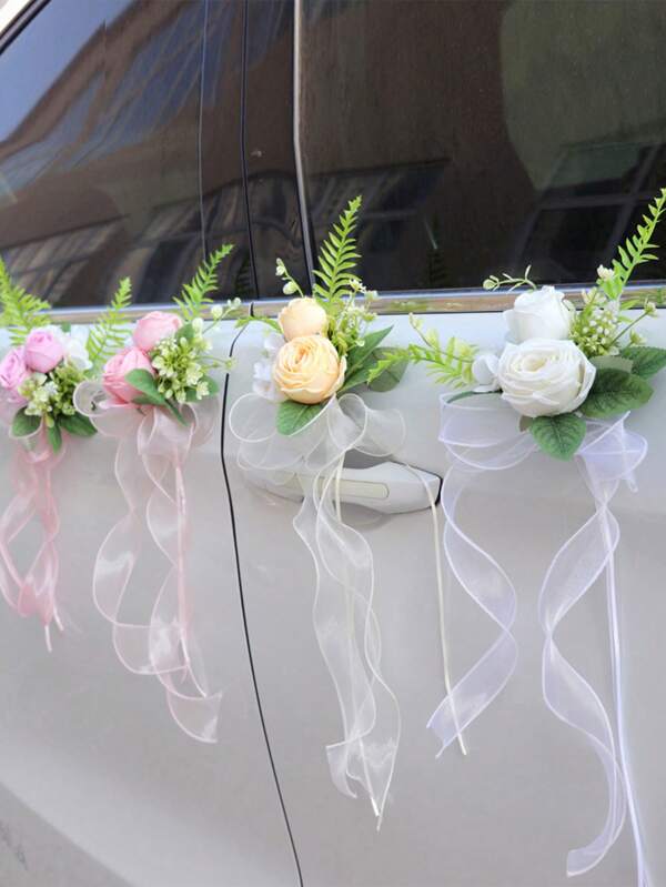 2pcs Artificial Cars Bouquet Flower Bowknot Ribbon Decor Fake Wedding Car Door Flowers For Wedding Car Mirror Door Handle Chairs Table Center Decor Birthday Party Gift Decor