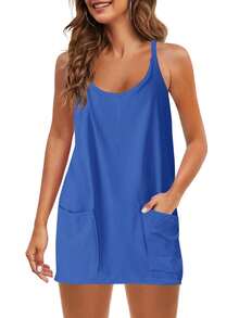 Womens Sleeveless Athletic Hot Shot Mini Dress With Built-In Shorts Sundress - Royal Blue - View 7