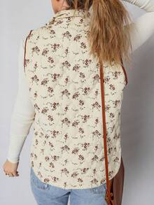 Acelitt 冬季女式米色波西米亚花卉印花修身口袋翻领开领拉链无袖背心夹克 - 杏色 - 查看 2