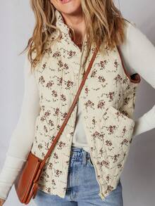 Acelitt 冬季女式米色波西米亚花卉印花修身口袋翻领开领拉链无袖背心夹克 - 杏色 - 查看 1