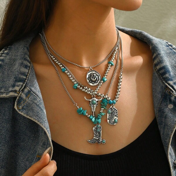 4 Peças Gargantilhas Choker de Contas de Pedra de Turquesa em Estilo Cowboy Ocidental Boêmio, Colar Vintage com Pingente de Bota e Chapéu de Cowboy, Uso Casual ou de Feriado para Mulheres